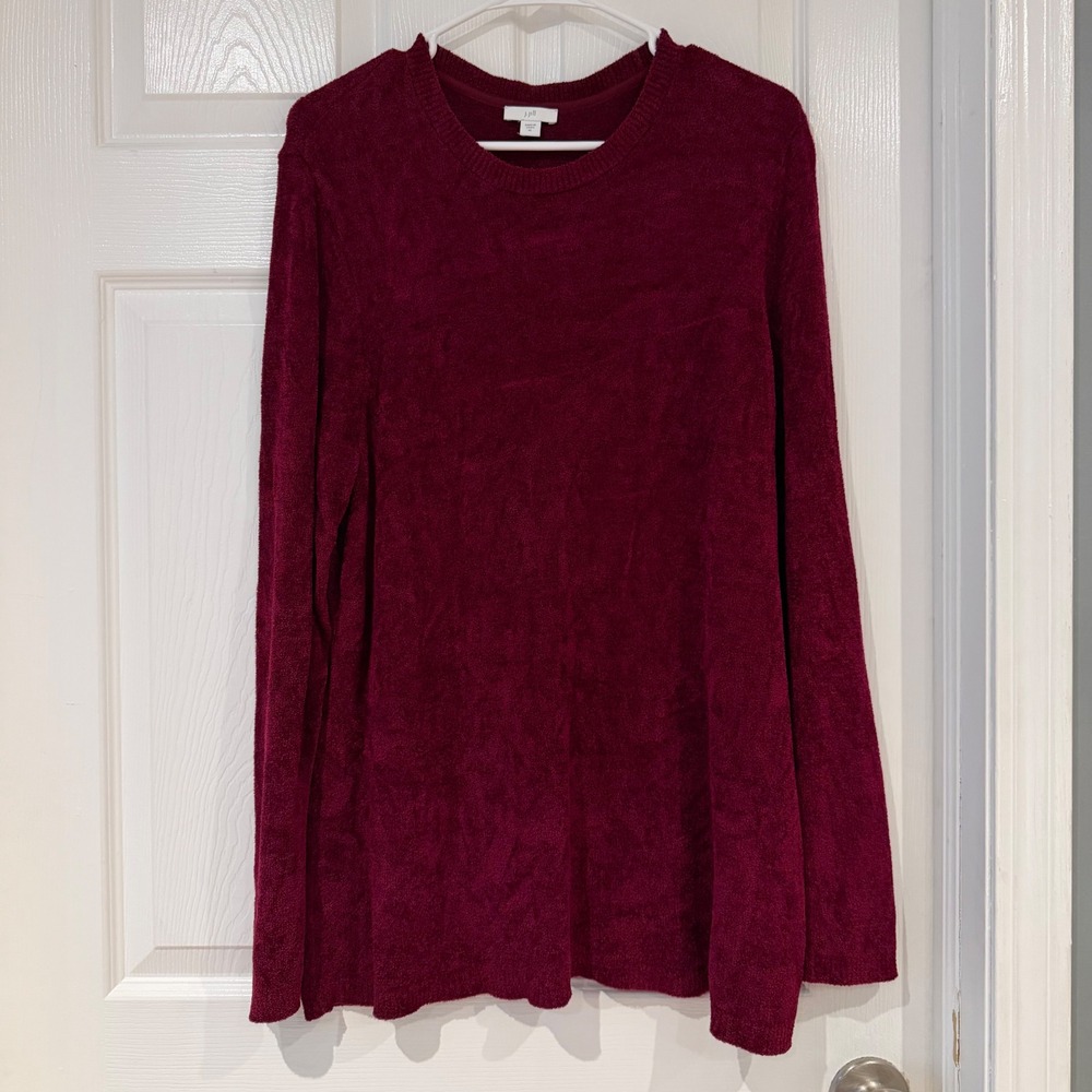 J Jill Chenille Knit Crew Neck Sweater Burgundy Red Long Sleeve Soft Cozy Lounge